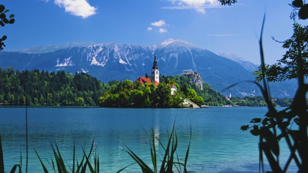 lake bled series, Slovenia, verdenskjent vakker natur på den lille øya med chuch midt i innsjøen, bled castle i bakgrunnen