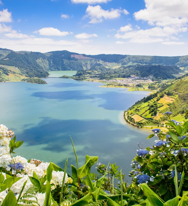 Lake of Sete Cidades with hortensia's, Azores, Portugal Europe