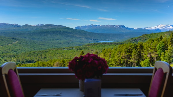 Utsikten over Espedalen med skog og fjell i bakgrunnen sett ut av vinduet fra restauranten med et av bordene i forgrunnen