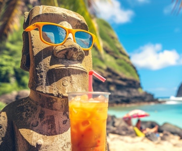 Moai med solbriller og juice med isbiter på en tropisk strand med turkist hav