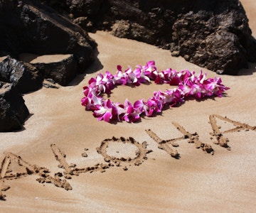 "Aloha" skrevet i sanden i Maui