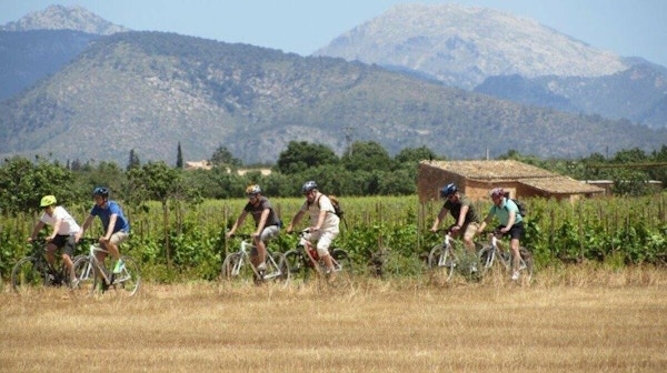 Seks syklister med hjelm på vei med fjellene i bakgrunnen
