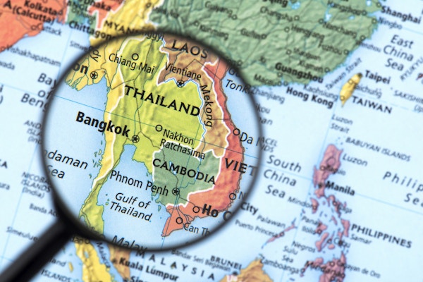 Kart over Thailand med Kambodsja. Detalj fra verdensatlasen. Selektivt fokus.