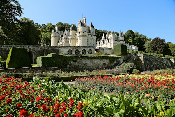 Blomster i forgrunnen av et slott i Loire