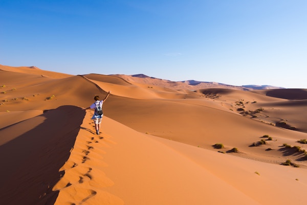 Turist som går på de naturskjønne sanddynene i Sossusvlei, Namib-ørkenen, Namib Naukluft nasjonalpark, Namibia. Ettermiddagslys. Eventyr og utforsking i Afrika.