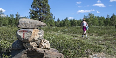 en steinvarde med en påmalt rød t og en dame osm går på stien i bakgrunnen blant trær og grønt gress