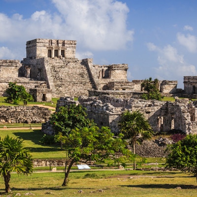 Mayan Ruins of Tulum i Quintana Roo, Mexico. Disse gamle ruinene ligger på stranden i Det karibiske hav på Yucatan-halvøya.