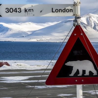 Symbol i Spitsbergen med advarsel om en isbjørn. Og det er 3043 km til London fra Longyearbyen flyplass.