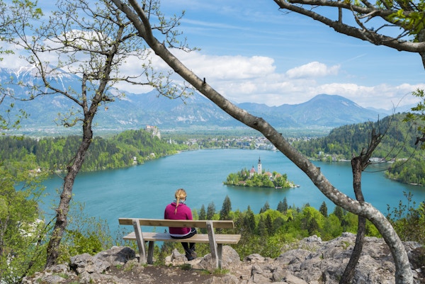 Bled-sjøen, Slovenia, vakker utsikt fra bakken Ojstrica, landskap, solrik dag, kvinnesitting, øy, kirke, blejsko jezero