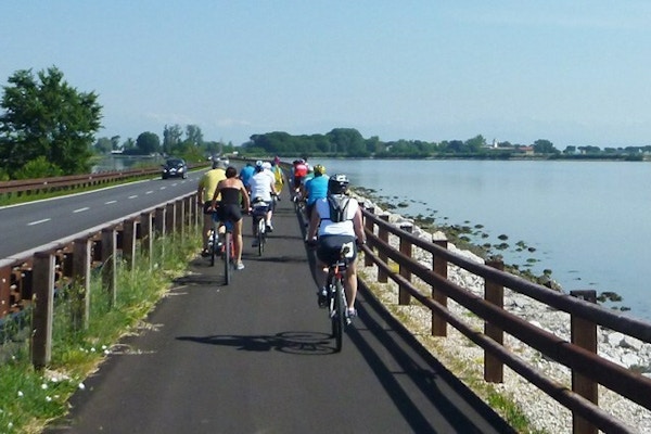 Syklister på tur i sykkelfelt sett bakfra mens de sykler langs vannet