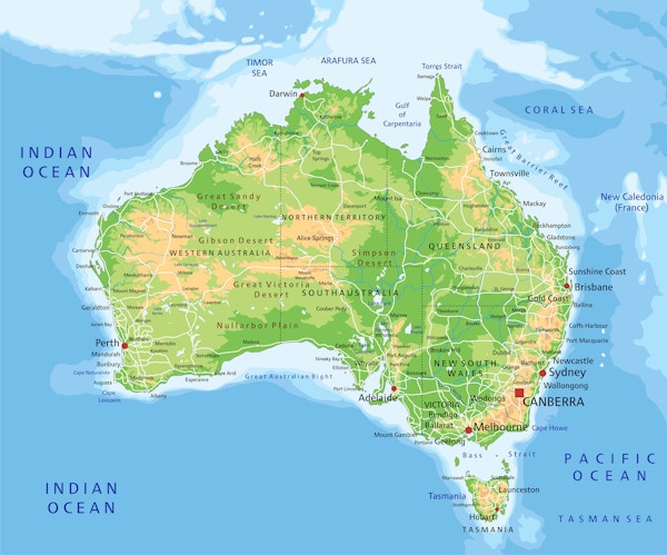 Høyt detaljert Australia fysisk kart med merking. Organisert vektorillustrasjon på seprated lag.