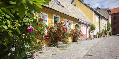 Sjarmerende bygate i Lund med fargerike hus og blomster