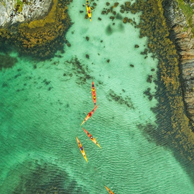 Kajakkpadlere i en fjord.