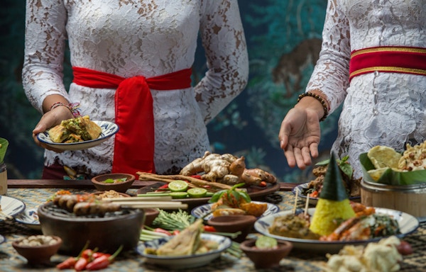Indonesisk mat - Mange tradisjonelle balinesiske retter på bordet. Kvinner serverer.
