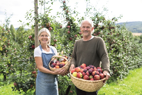En dame og en mann smiler til kameraet med hver sin fruktkurv i armene, fulle av epler