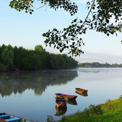 Fire båter ligger i vannet på den stille Loireelven mens trærne i bakgrunnen speiler seg i vannflaten