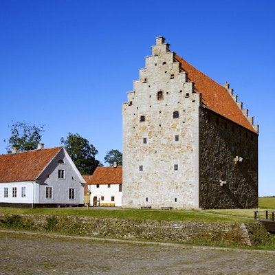 Borg fra middelalderen i Skåne med mindre hus rundt