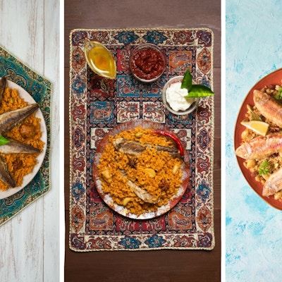 Collage fra forskjellige bilder av Fish Kabsa - blandede risretter som har sin opprinnelse i Yemen. Midtøsten mat.