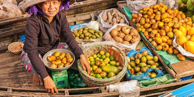 Vietnamesisk, kvinnelig fruktselger på flytende marked, som selger frukt fra båten sin i Mekong-elvedeltaet, Vietnam.