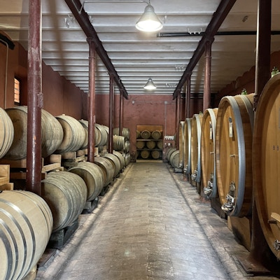Fat med vin står oppstilt i kjelleren på en vingård i Trevi