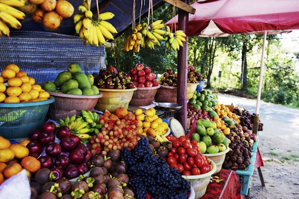 Hauger med frisk frukt: banan, eple, mandarin, mangostan, pasjonsfrukt, røde druer, mango og tomat.
