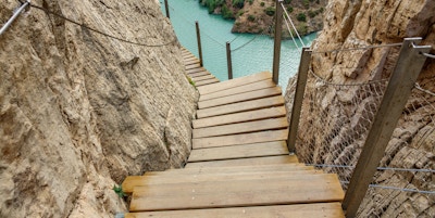 Topp utsikt over farlig tursti over vertikal vegg, El Caminito del Rey