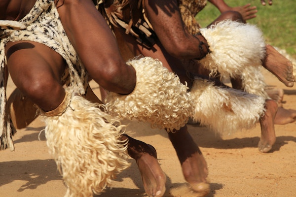 "Zulu krigere, kledd i tradisjonelle dyrehud, utfører en dans i Sør-Afrika."