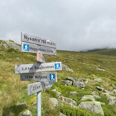 Skilt viser vei og antall kilometer til de forskjellige fjelltoppene i området rundt Nysætra
