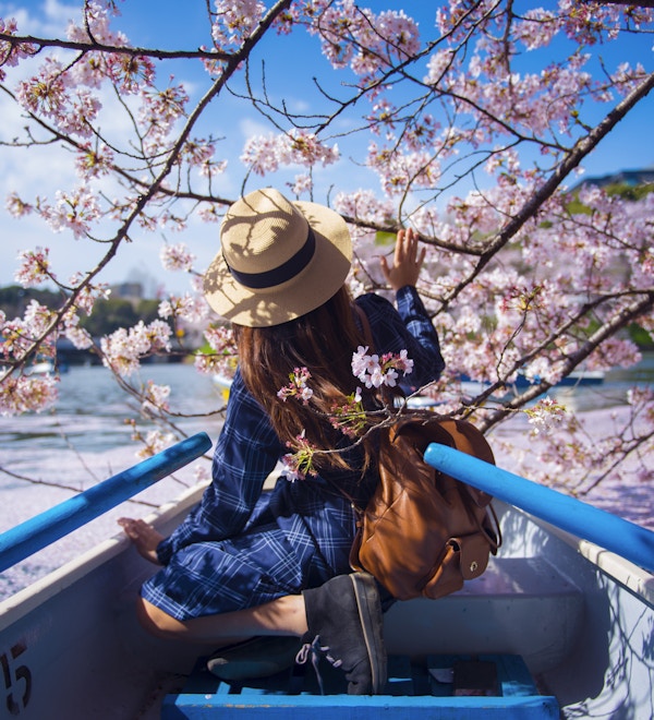 Asiatisk kvinne liker å reise i Japan i løpet av vårsesongen.