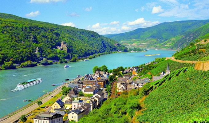 Elvecriuseskip seiler forbi landsby langs Rhinen.